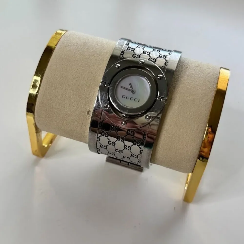 Gucci Wide Twirl Watch Bangle Silver Emboss Logo Swiss Made Mother Of Pearl 90s